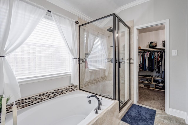 785 Crockett Dr, Lavon, TX 75166 - full bathroom featuring a stall shower, ornamental molding, a bath, and a walk in closet