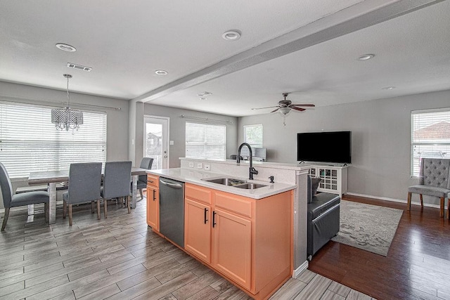 7400 Howling Coyote Ln, Fort Worth, TX 76131 - kitchen with dishwasher, light wood-type flooring, open floor plan, and a chandelier