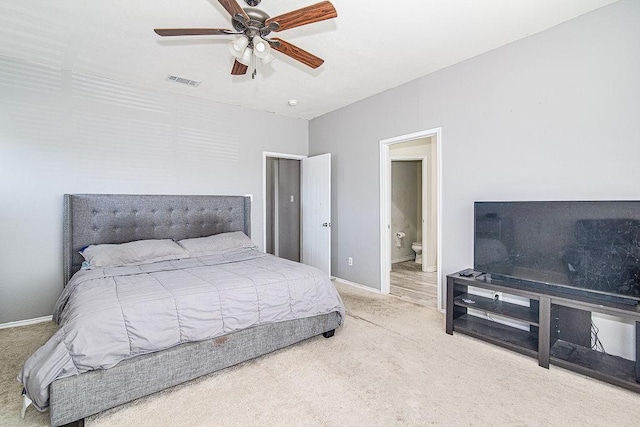 7400 Howling Coyote Ln, Fort Worth, TX 76131 - bedroom featuring carpet floors, connected bathroom, and ceiling fan