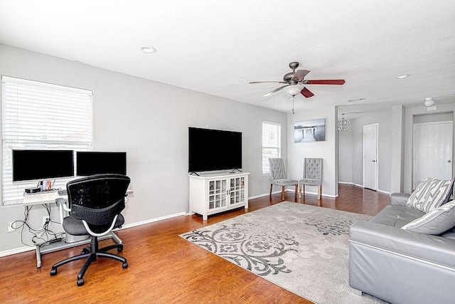 7400 Howling Coyote Ln, Fort Worth, TX 76131 - living area featuring a ceiling fan, wood finished floors, an office area, and recessed lighting