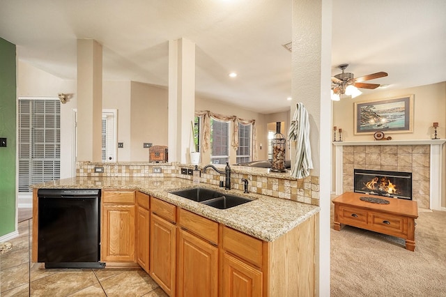 9513 Tiger Dr, Plano, TX 75025 - kitchen with dishwasher, open floor plan, light stone countertops, tasteful backsplash, and recessed lighting