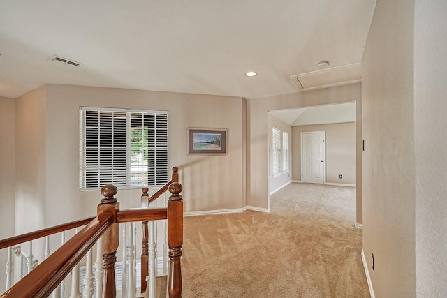 9513 Tiger Dr, Plano, TX 75025 - hallway featuring an upstairs landing, light colored carpet, attic access, and recessed lighting