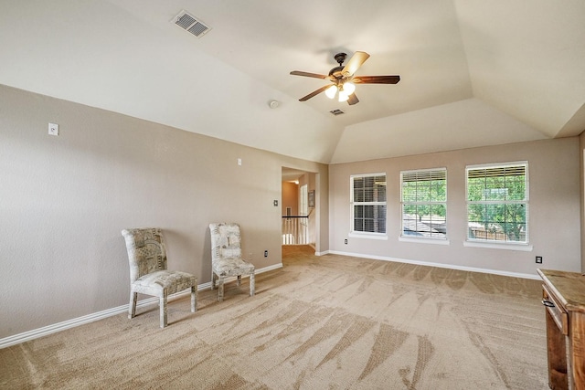 9513 Tiger Dr, Plano, TX 75025 - sitting room featuring ceiling fan, carpet, and vaulted ceiling