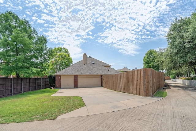 9513 Tiger Dr, Plano, TX 75025 - view of property exterior with concrete driveway, brick siding, a chimney, and a garage