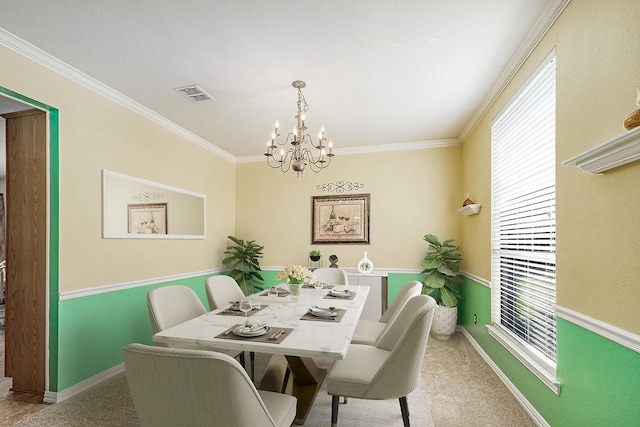 9513 Tiger Dr, Plano, TX 75025 - dining area featuring a chandelier, ornamental molding, and light carpet
