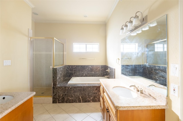 2203 N Carroll Ave Unit 1, Dallas, TX 75204 - full bathroom featuring vanity, tile patterned flooring, a bath, a shower stall, and ornamental molding