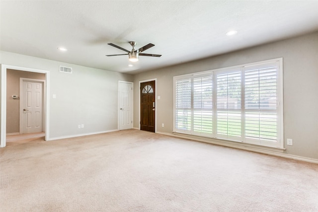 632 Sherwood Dr, Richardson, TX 75080 - unfurnished living room with ceiling fan, light colored carpet, and recessed lighting