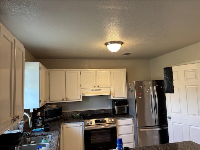 4052 Country Meadows Cir, Granbury, TX 76049 - kitchen with stainless steel appliances, under cabinet range hood, a textured ceiling, and white cabinetry