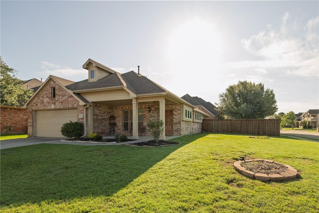 2401 Fawn Meadow Dr, Little Elm, TX 75068 - view of front of property with brick siding, a garage, concrete driveway, a porch, and a shingled roof