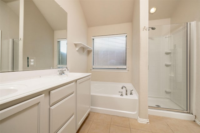 2401 Fawn Meadow Dr, Little Elm, TX 75068 - full bath featuring a stall shower, tile patterned floors, a bath, double vanity, and lofted ceiling