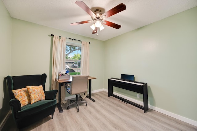 13835 Pyramid Dr, Farmers Branch, TX 75234 - home office featuring light wood finished floors, ceiling fan, and a textured ceiling