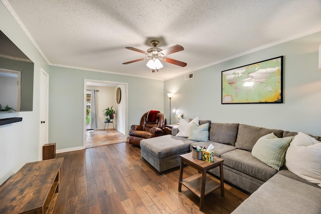 13835 Pyramid Dr, Farmers Branch, TX 75234 - living room with a ceiling fan, dark wood finished floors, a textured ceiling, and ornamental molding