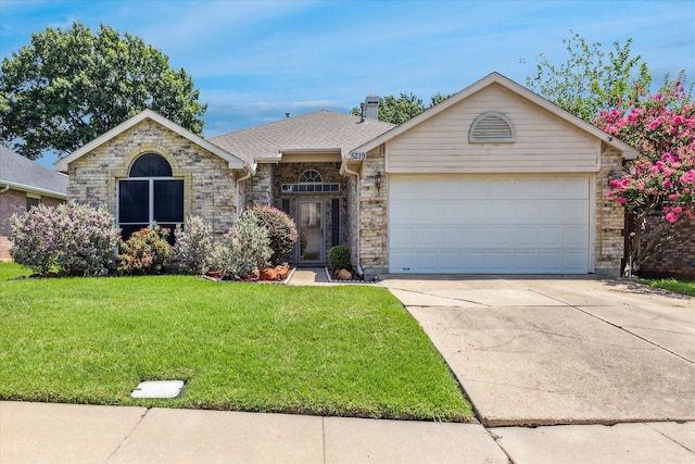 5219 Tennis Villa Dr, Arlington, TX 76017 - ranch-style house with an attached garage, concrete driveway, a front lawn, and stone siding