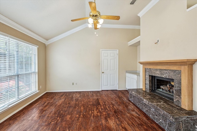 5219 Tennis Villa Dr, Arlington, TX 76017 - unfurnished living room with wood finished floors, ceiling fan, lofted ceiling, crown molding, and a high end fireplace
