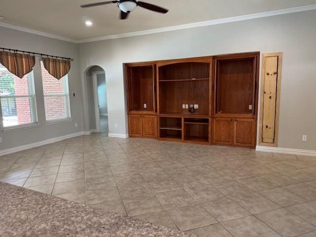 3840 W Pioneer Dr, Irving, TX 75061 - unfurnished living room with ceiling fan, arched walkways, crown molding, and light tile patterned floors
