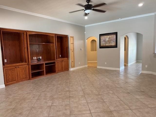 3840 W Pioneer Dr, Irving, TX 75061 - unfurnished living room with arched walkways, ceiling fan, crown molding, and light tile patterned floors