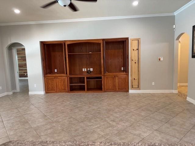 3840 W Pioneer Dr, Irving, TX 75061 - unfurnished living room featuring arched walkways, a ceiling fan, ornamental molding, recessed lighting, and light tile patterned flooring