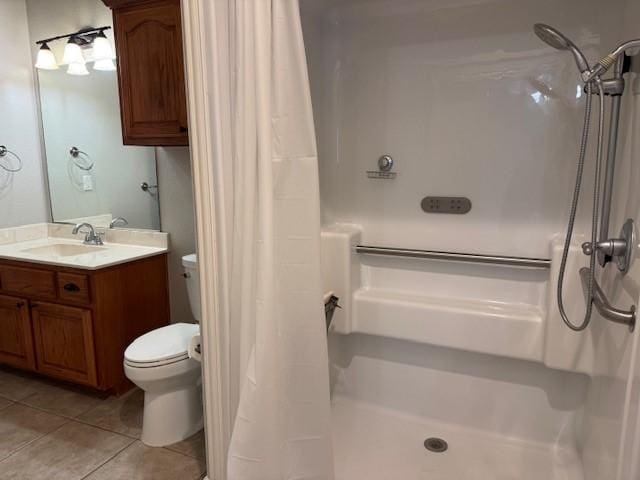 3840 W Pioneer Dr, Irving, TX 75061 - bathroom with a shower with shower curtain, tile patterned floors, and vanity