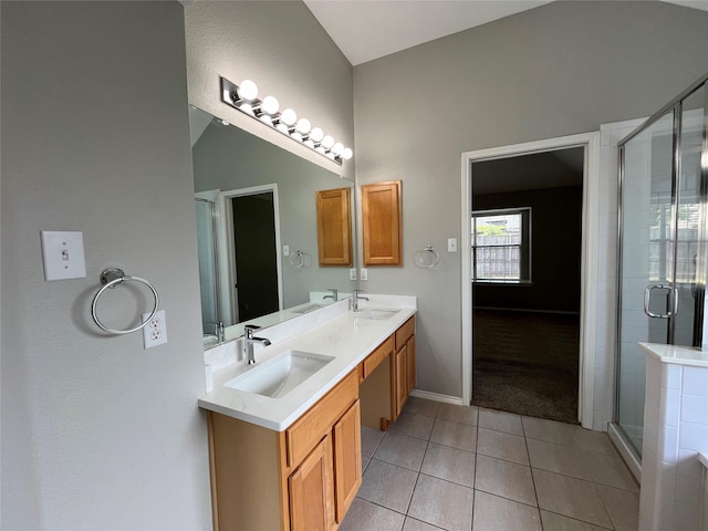 4400 Ripplewood Rd, Frisco, TX 75035 - bathroom with tile patterned flooring, double vanity, and a stall shower