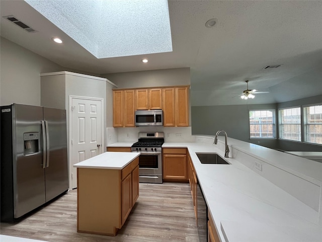 4400 Ripplewood Rd, Frisco, TX 75035 - kitchen featuring appliances with stainless steel finishes, light wood-style floors, ceiling fan, light countertops, and vaulted ceiling