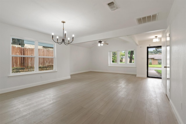 2024 Oakmeadow St, Bedford, TX 76021 - spare room with a chandelier, light wood-style floors, vaulted ceiling, and a ceiling fan