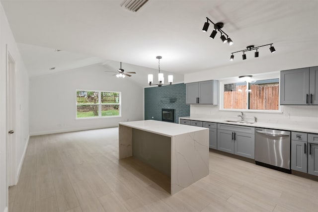 2024 Oakmeadow St, Bedford, TX 76021 - kitchen featuring dishwasher, gray cabinets, open floor plan, backsplash, and lofted ceiling