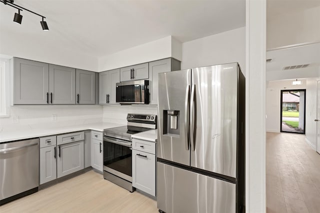 2024 Oakmeadow St, Bedford, TX 76021 - kitchen with appliances with stainless steel finishes, gray cabinets, light wood-type flooring, light countertops, and backsplash
