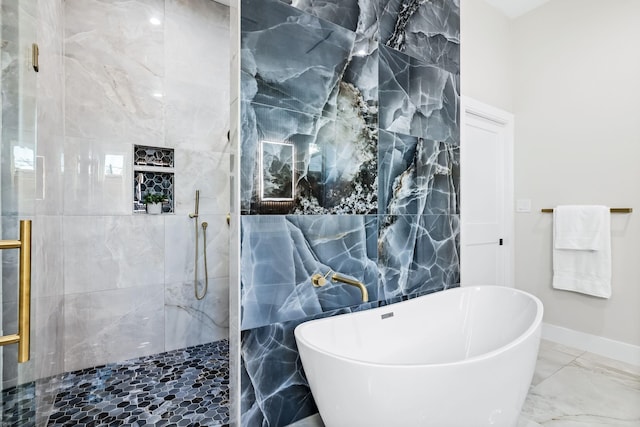 4603 Newmore Ave, Dallas, TX 75209 - full bathroom featuring a freestanding tub, a walk in shower, and marble finish floors