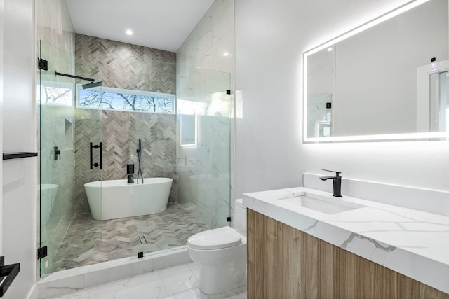 4603 Newmore Ave, Dallas, TX 75209 - bathroom featuring a soaking tub, vanity, a shower stall, marble look tile flooring, and recessed lighting
