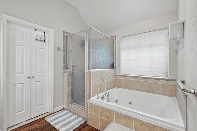 1128 Bent Oaks Dr, Denton, TX 76210 - bathroom with a stall shower, a tub with jets, wood finished floors, and lofted ceiling