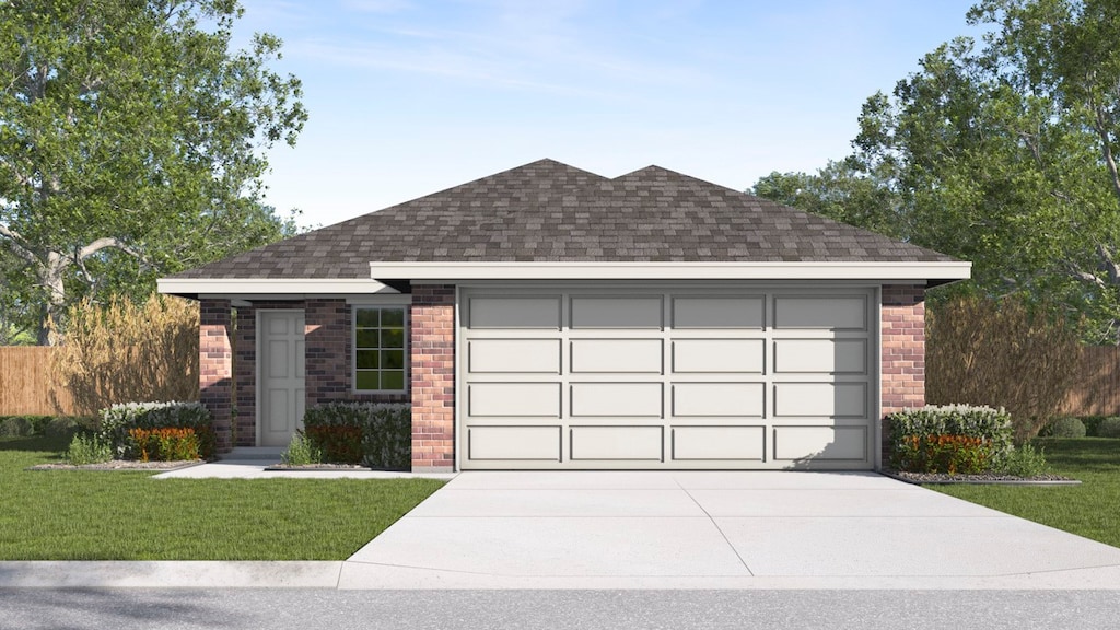 601 Cherish Day Dr, Lavon, TX 75166 - ranch-style house featuring driveway, roof with shingles, an attached garage, a front lawn, and brick siding