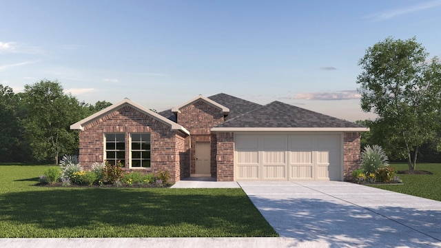 765 Sunglow Way, Lavon, TX 75166 - view of front facade with brick siding, an attached garage, a front lawn, and concrete driveway