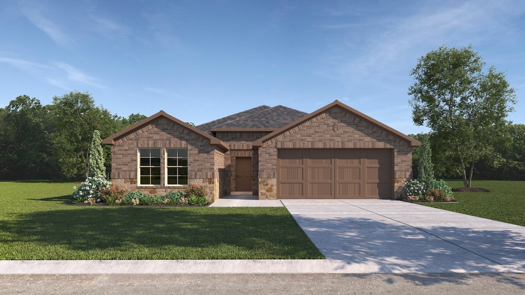 765 Sunglow Way, Lavon, TX 75166 - view of front facade featuring an attached garage, a front yard, driveway, and stone siding