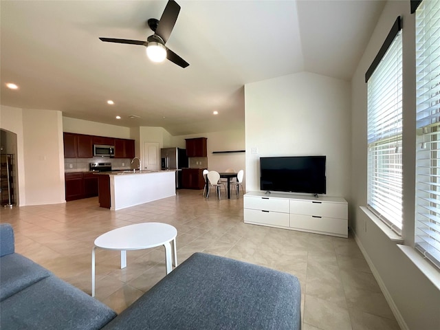 1092 Decker Dr, Fate, TX 75189 - living area featuring ceiling fan, recessed lighting, lofted ceiling, and light tile patterned flooring