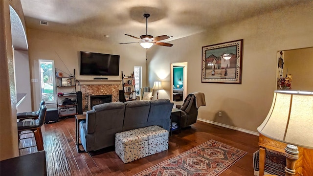 8901 Arbor Crest Ct, Fort Worth, TX 76179 - living room with ceiling fan, dark wood-style floors, and a brick fireplace