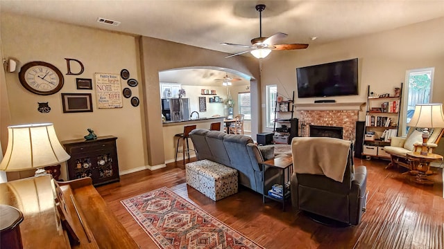 8901 Arbor Crest Ct, Fort Worth, TX 76179 - living room featuring a ceiling fan, wood finished floors, and a fireplace