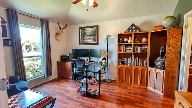 8901 Arbor Crest Ct, Fort Worth, TX 76179 - office space featuring ceiling fan, wood finished floors, and lofted ceiling