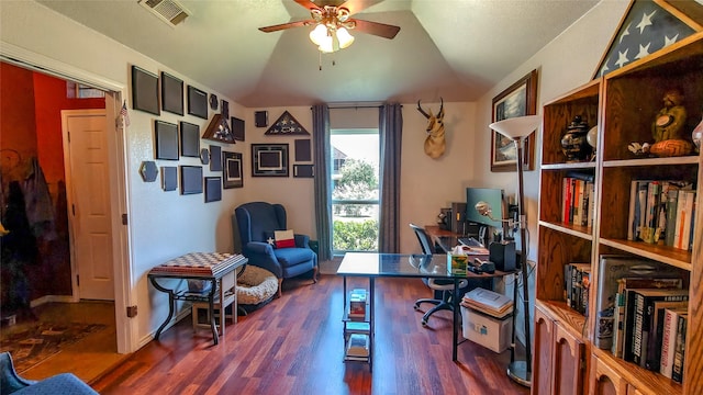 8901 Arbor Crest Ct, Fort Worth, TX 76179 - home office featuring lofted ceiling, ceiling fan, and dark wood-style floors
