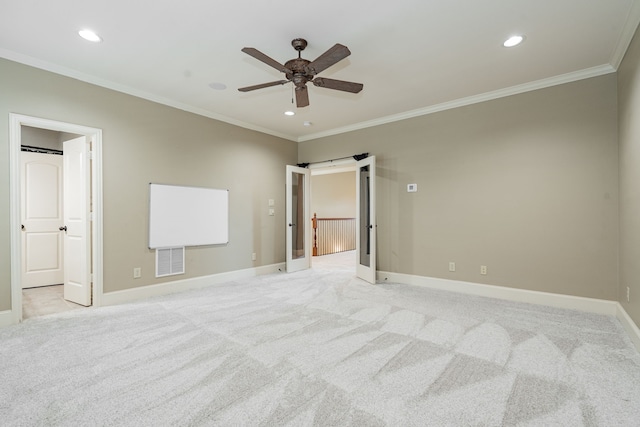 126 Yorkshire Dr, Heath, TX 75032 - unfurnished bedroom featuring light carpet, recessed lighting, crown molding, and ceiling fan