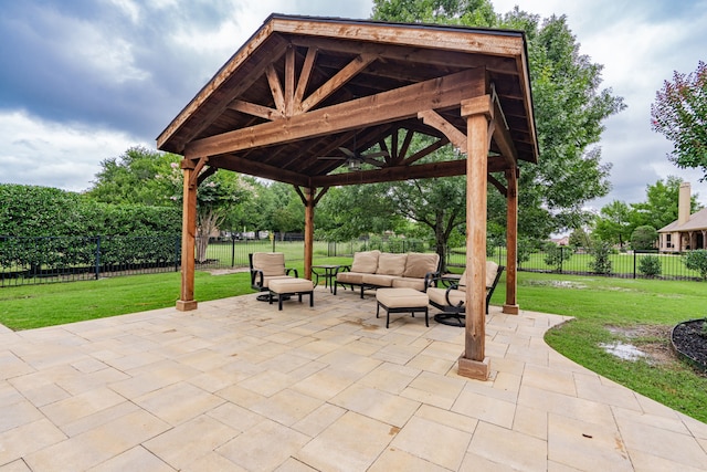 126 Yorkshire Dr, Heath, TX 75032 - fenced backyard featuring a gazebo, an outdoor living space, and a patio area