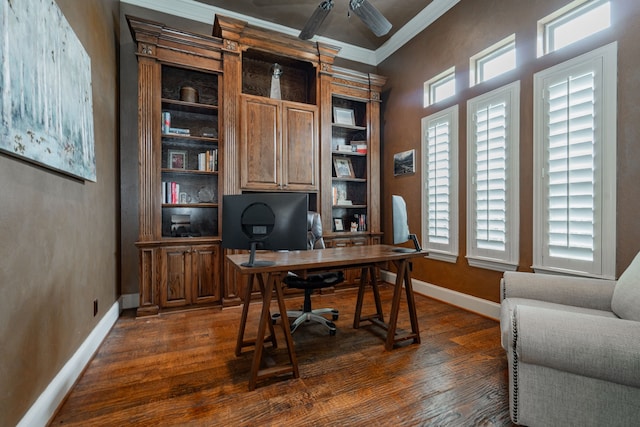 126 Yorkshire Dr, Heath, TX 75032 - office with ornamental molding, dark wood-style flooring, plenty of natural light, and ceiling fan