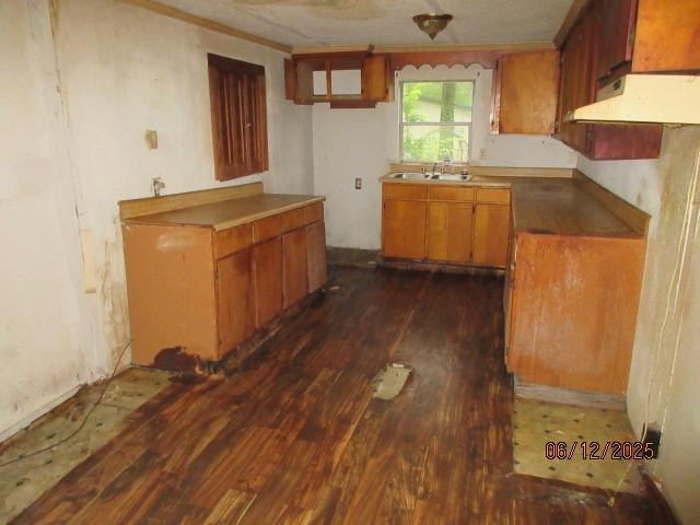 3779 Jones Rd, Haughton, LA 71037 - kitchen with under cabinet range hood, dark wood finished floors, brown cabinets, and ornamental molding