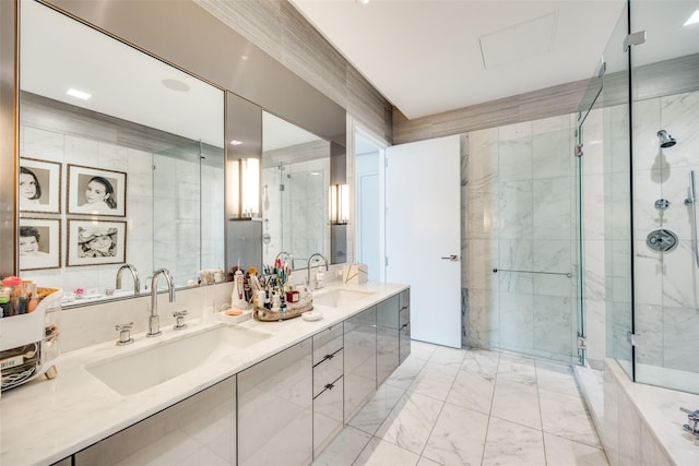 1918 Olive St Unit 502, Dallas, TX 75201 - bathroom with marble look tile flooring, double vanity, and a stall shower