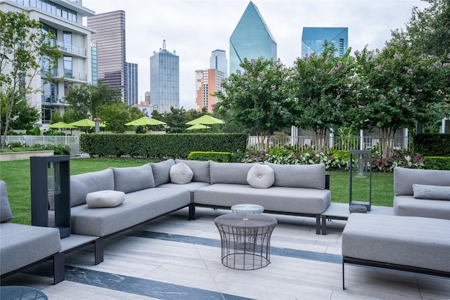 1918 Olive St Unit 502, Dallas, TX 75201 - view of patio / terrace with outdoor lounge area and a view of skyline