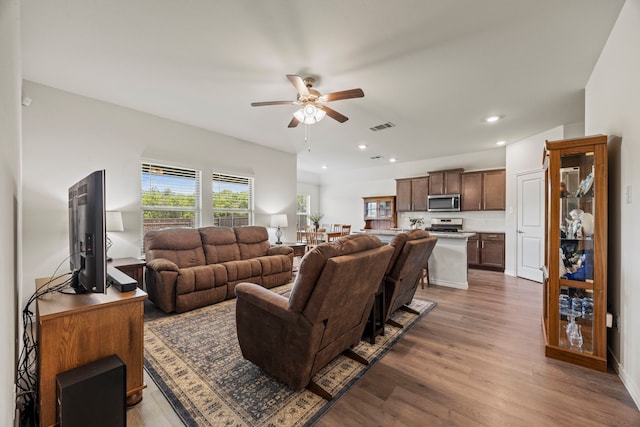 523 Summit Pass Ln, Princeton, TX 75407 - living area with ceiling fan, wood finished floors, and recessed lighting
