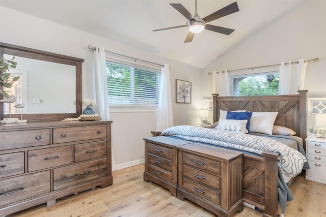 1413 White Way, Mckinney, TX 75069 - bedroom featuring multiple windows, light wood-type flooring, lofted ceiling, and ceiling fan