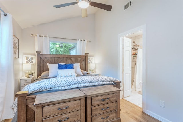 1413 White Way, Mckinney, TX 75069 - bedroom with light wood-type flooring, ensuite bath, high vaulted ceiling, and ceiling fan