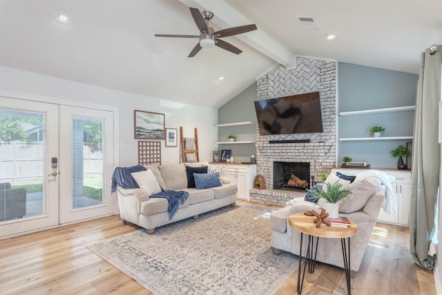 1413 White Way, Mckinney, TX 75069 - living area featuring french doors, light wood-style floors, a brick fireplace, and ceiling fan