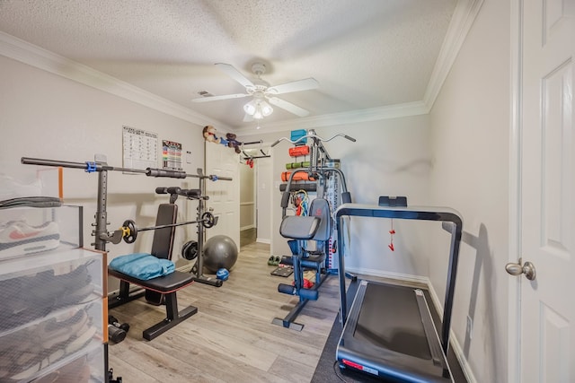 6508 Running Creek Dr, Arlington, TX 76001 - exercise area featuring ceiling fan, ornamental molding, a textured ceiling, and wood finished floors