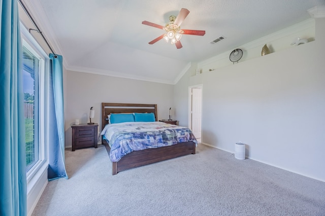 6508 Running Creek Dr, Arlington, TX 76001 - bedroom with multiple windows, light carpet, vaulted ceiling, ceiling fan, and crown molding